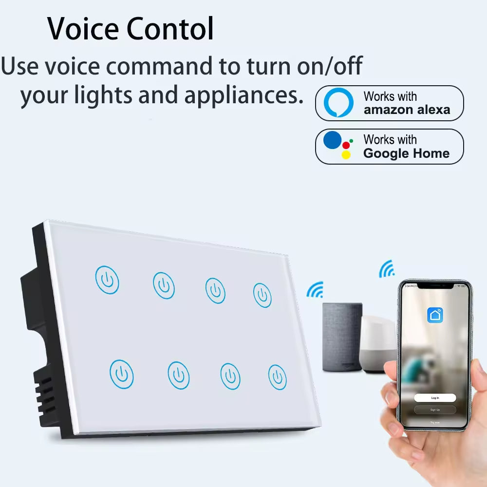 Smart Life Tuya WiFi Remote Control Smart Touch Switch 8 Gang Tuya Smart Life Touch Panel