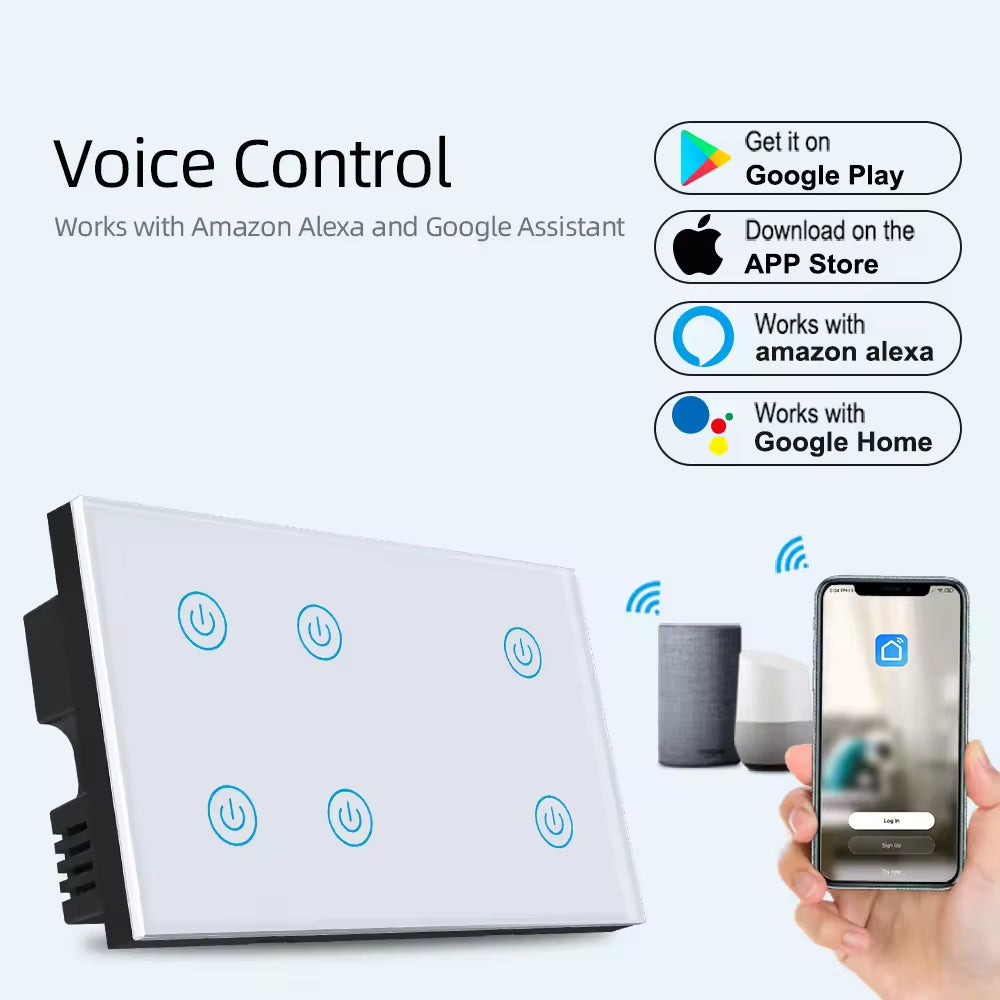 Smart Life Tuya WiFi Remote Control Smart Touch Switch Wired 6 Gang Tempered ABS PC