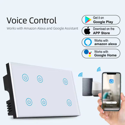 Smart Life Tuya WiFi Remote Control Smart Touch Switch Wired 6 Gang Tempered ABS PC