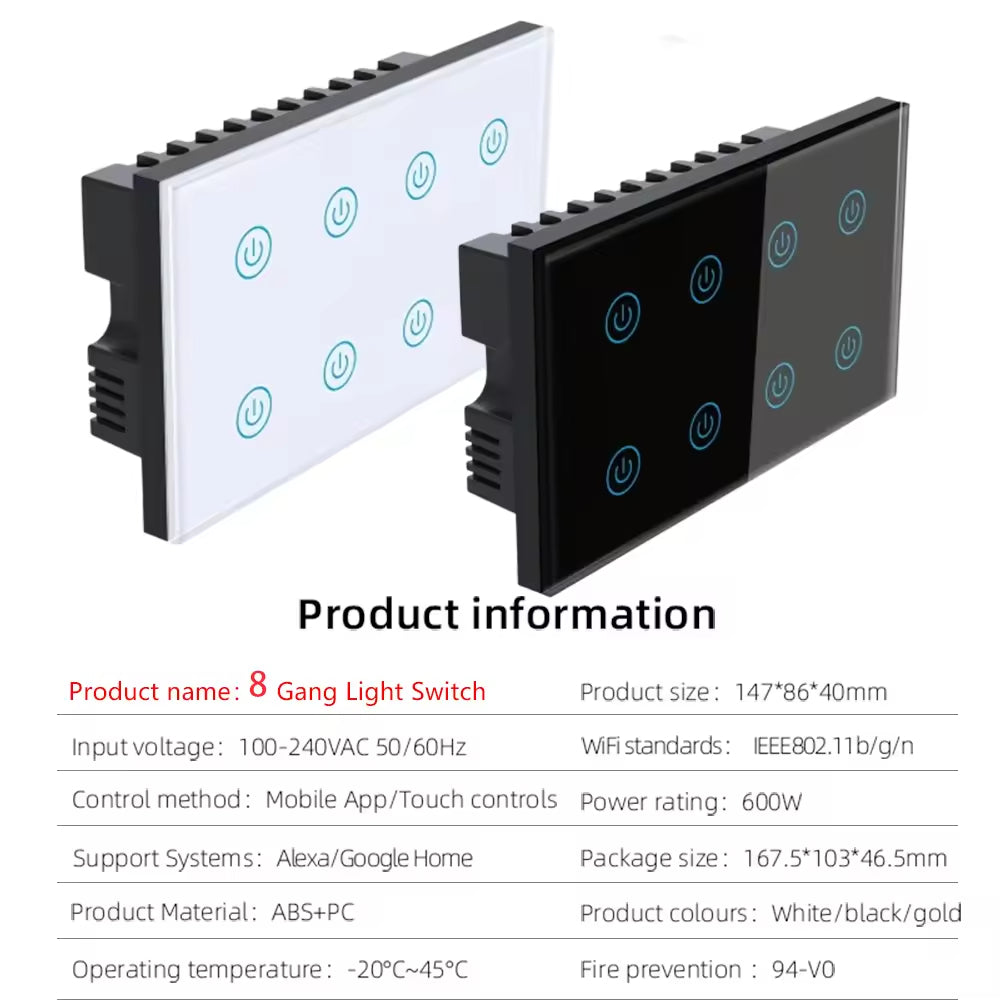 Smart Life Tuya WiFi Remote Control Smart Touch Switch 8 Gang Tuya Smart Life Touch Panel