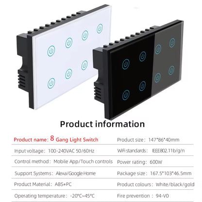 Smart Life Tuya WiFi Remote Control Smart Touch Switch 8 Gang Tuya Smart Life Touch Panel